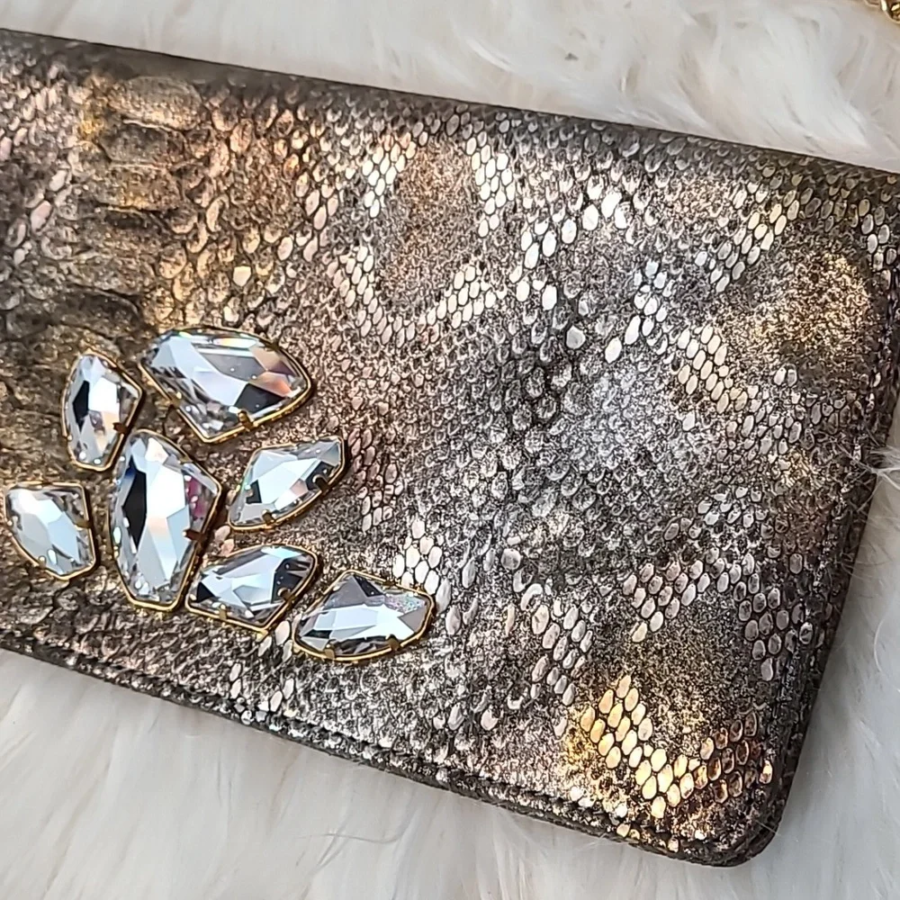 Inge Christopher leather snakeskin clutch Gold Silver Beaded Art Deco‎ New Year